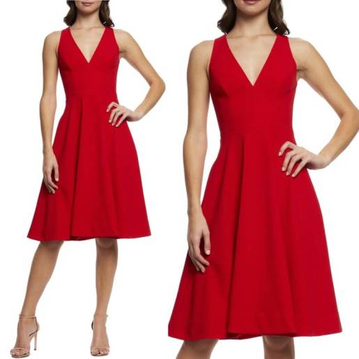 Sleeveless V-Neck Red Midi Dress with Fit-and-Flare Silhouette