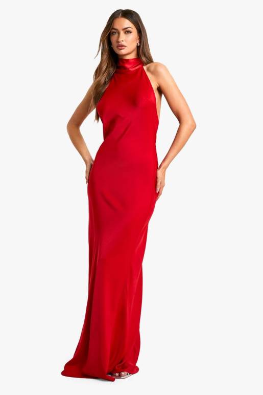 Halter Neck Sleeveless Draped Red Maxi Dress